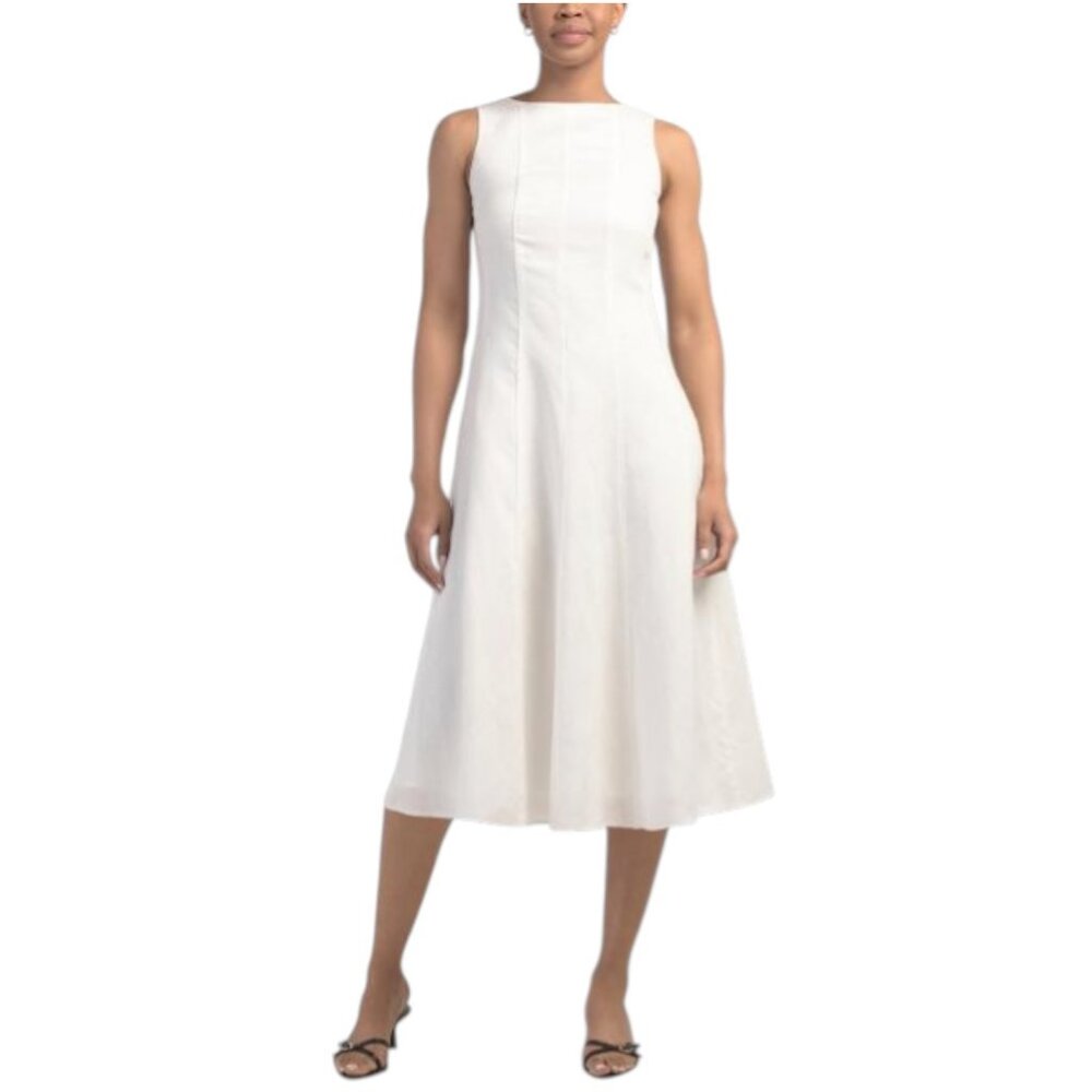 ELIE TAHARI Linen Blend Sleeveless Wide Neck Fit And Flare Midi Dress - Picture 1 of 4